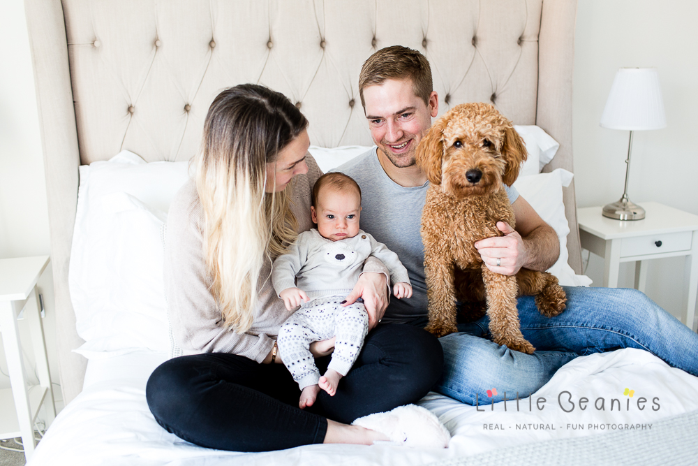 baby boy with dog having a fun relaxed photoshoot at home with Little Beanies Photography