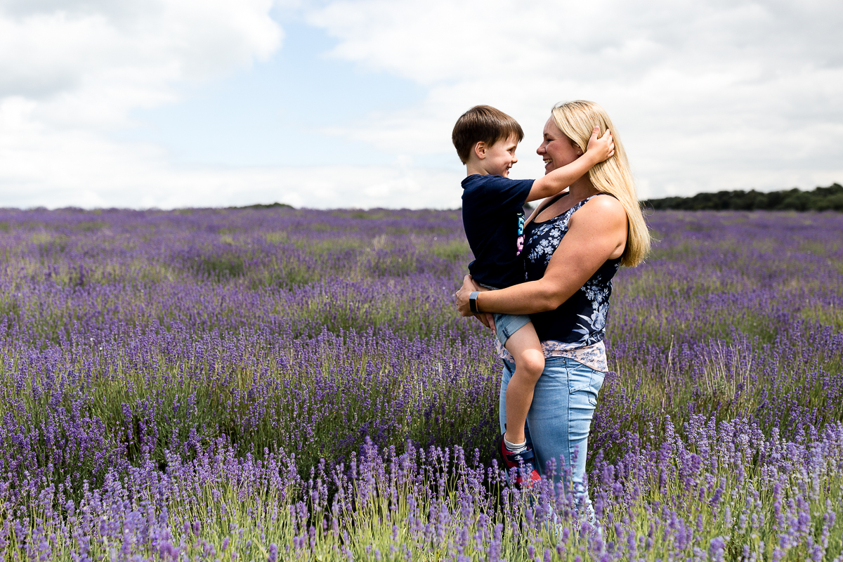 mother and son in lavender field